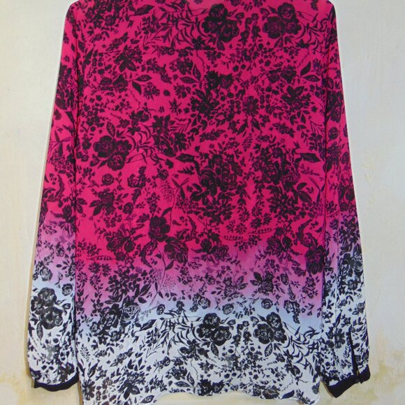 Nicole by Nicole Miller Ombre Pink Sheer Black Floral Button Up Collar Blouse L - Picture 9 of 11